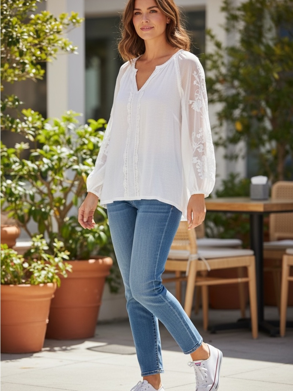 Soft Surroundings White Split-Neck Embroidered Peasant Blouse